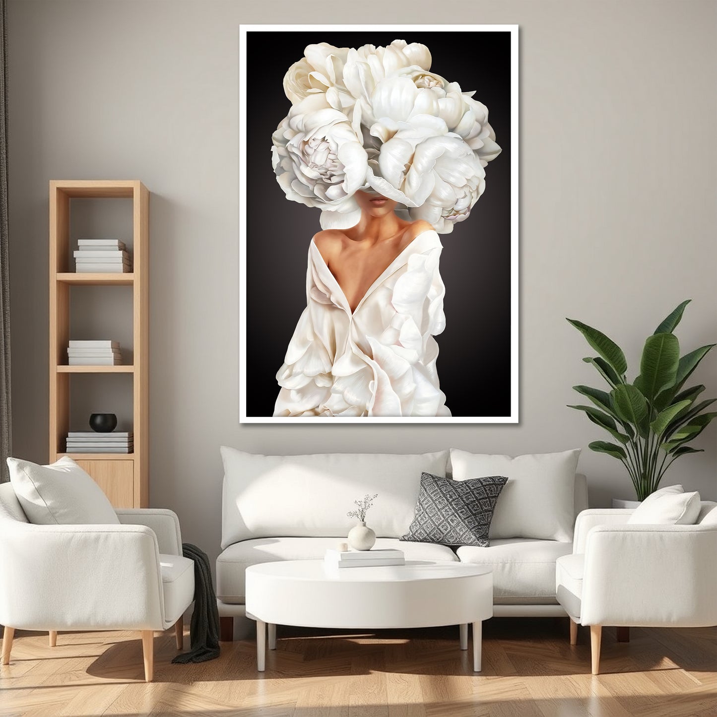 Luxury White Peony Flower Head Woman Canvas Print - Elegant Wall Art