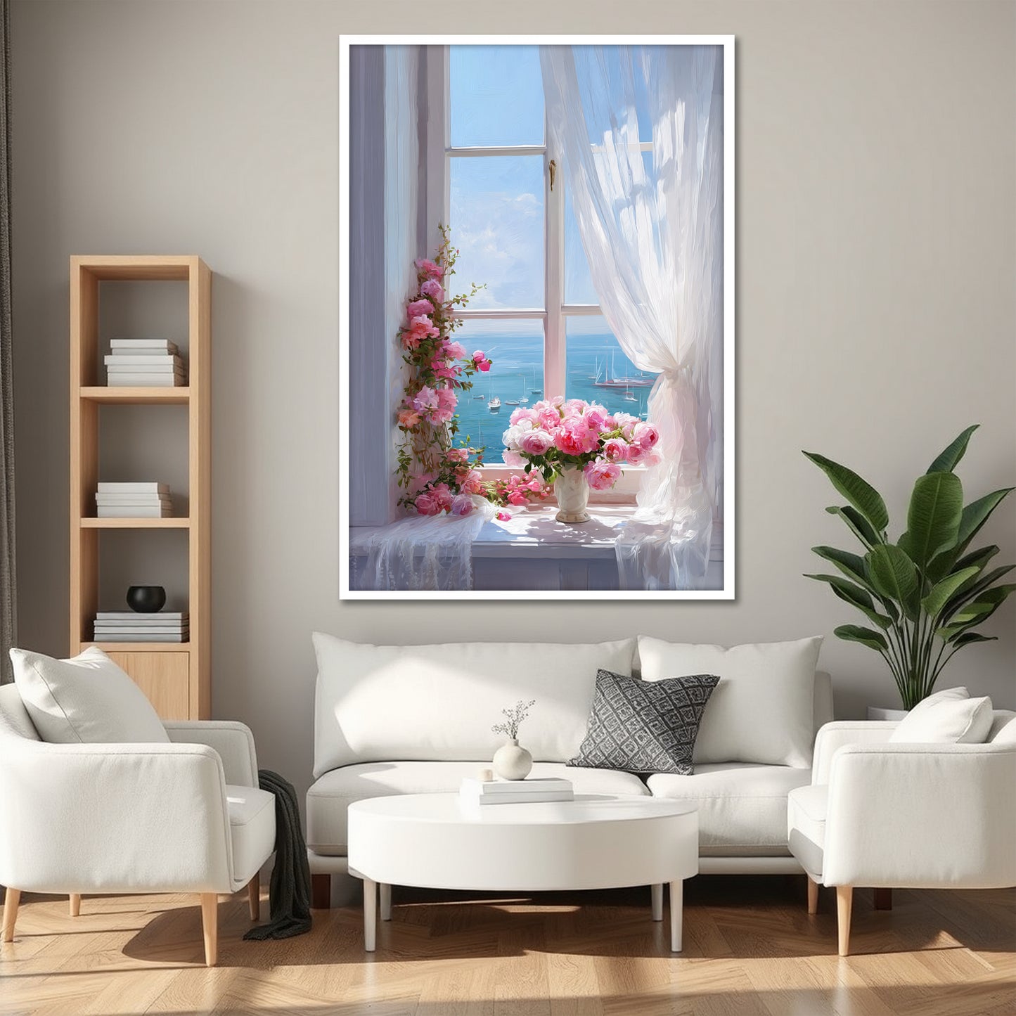 Window Landscape and Pink Flowers Canvas Print - Romantic Home Decor