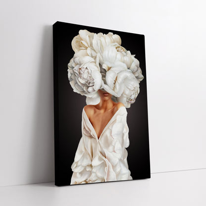 Luxury White Peony Flower Head Woman Canvas Print - Elegant Wall Art