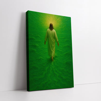 Jesus Walking on Water Canvas Print - Heaven Green Background Wall Art