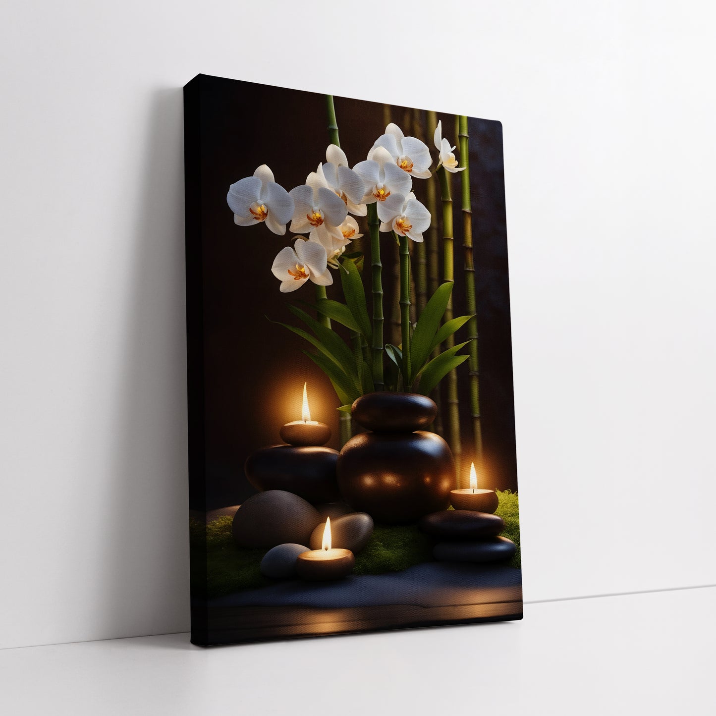 Glowing Candles and White Orchid Canvas Art - Dark Spa Meditation Print