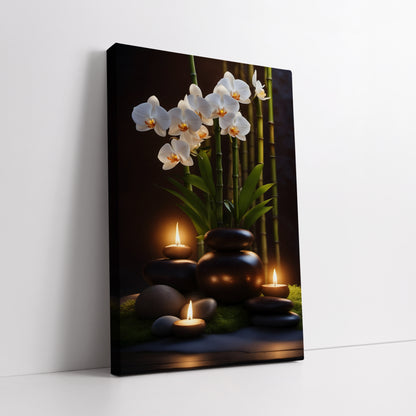 Glowing Candles and White Orchid Canvas Art - Dark Spa Meditation Print