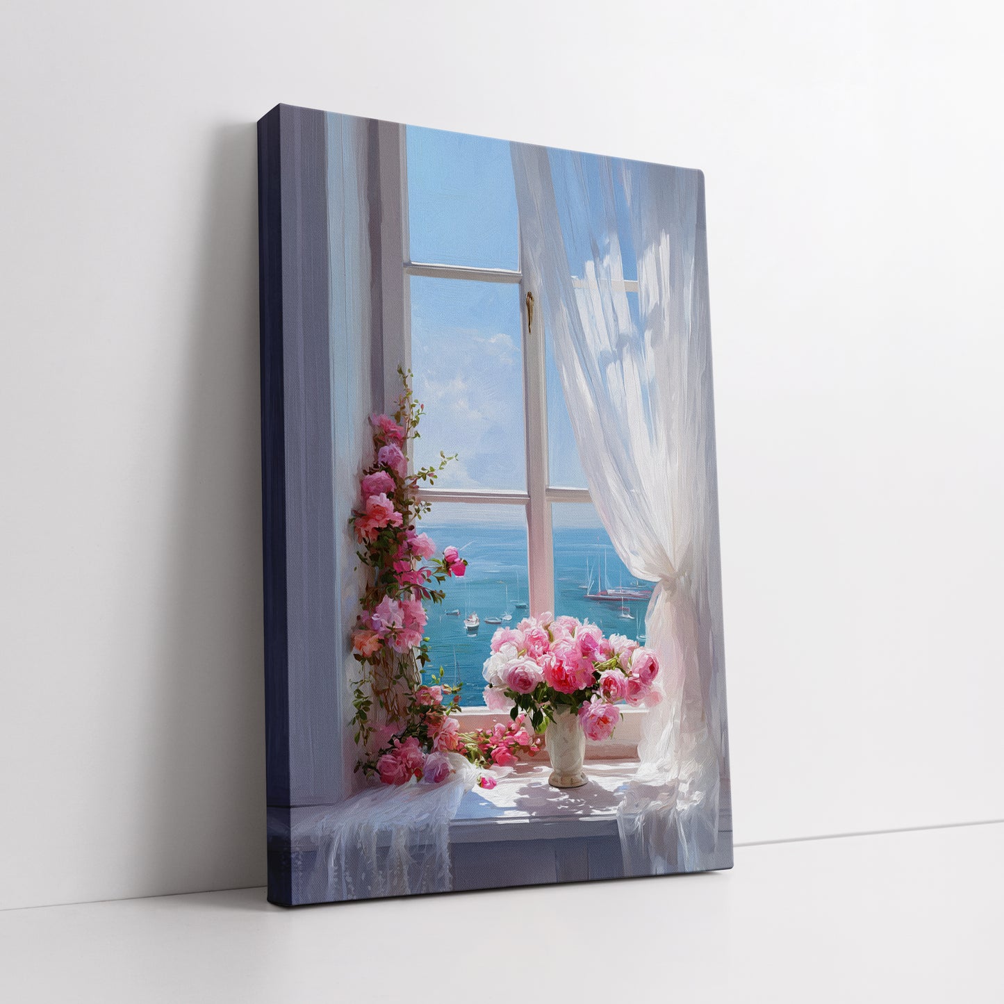 Window Landscape and Pink Flowers Canvas Print - Romantic Home Decor