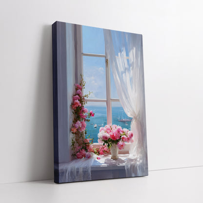 Window Landscape and Pink Flowers Canvas Print - Romantic Home Decor