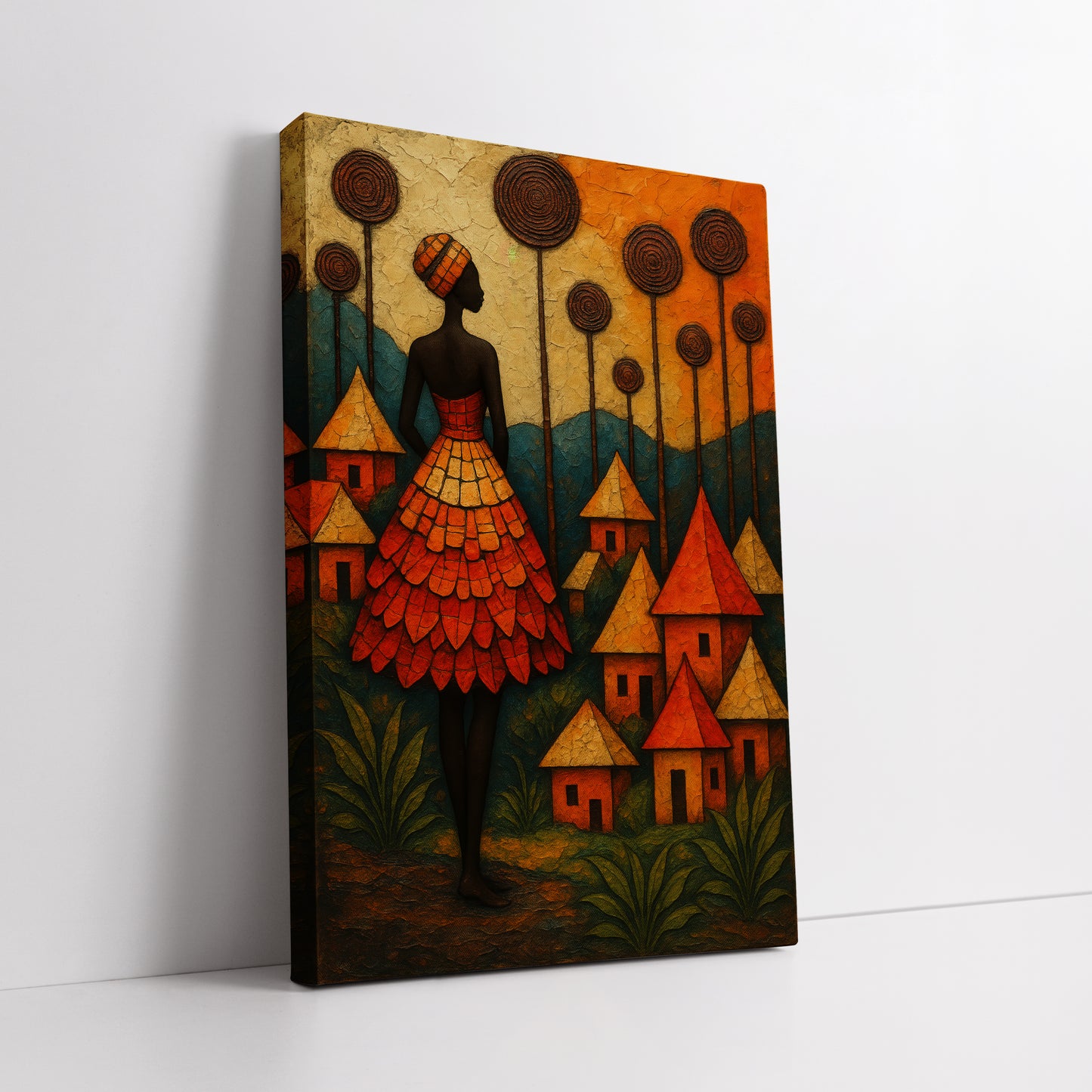 Abstract African Woman and Village Canvas Print - Warm Orange Wall Art