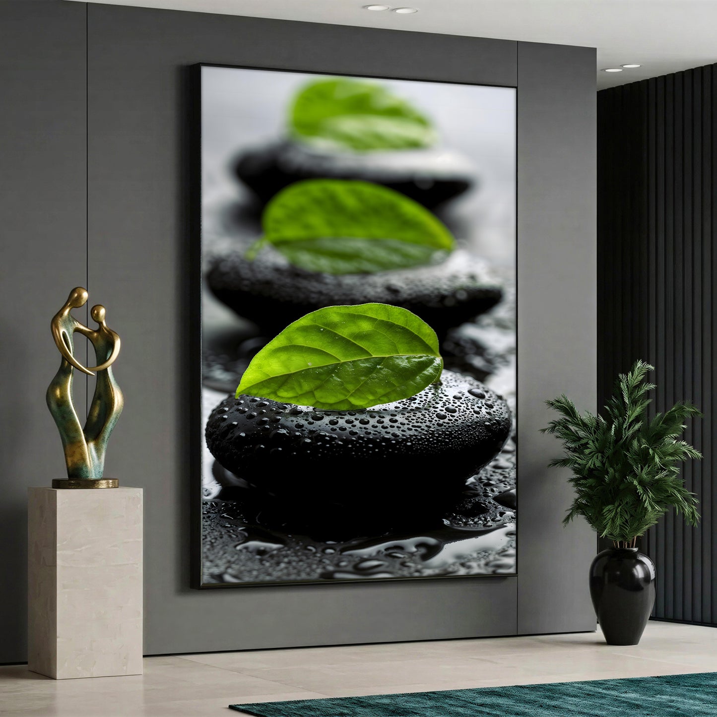 A serene spa canvas painting depicting a row of smooth black pebbles covered in water droplets, each topped with a vibrant green leaf in a close-up macro view.