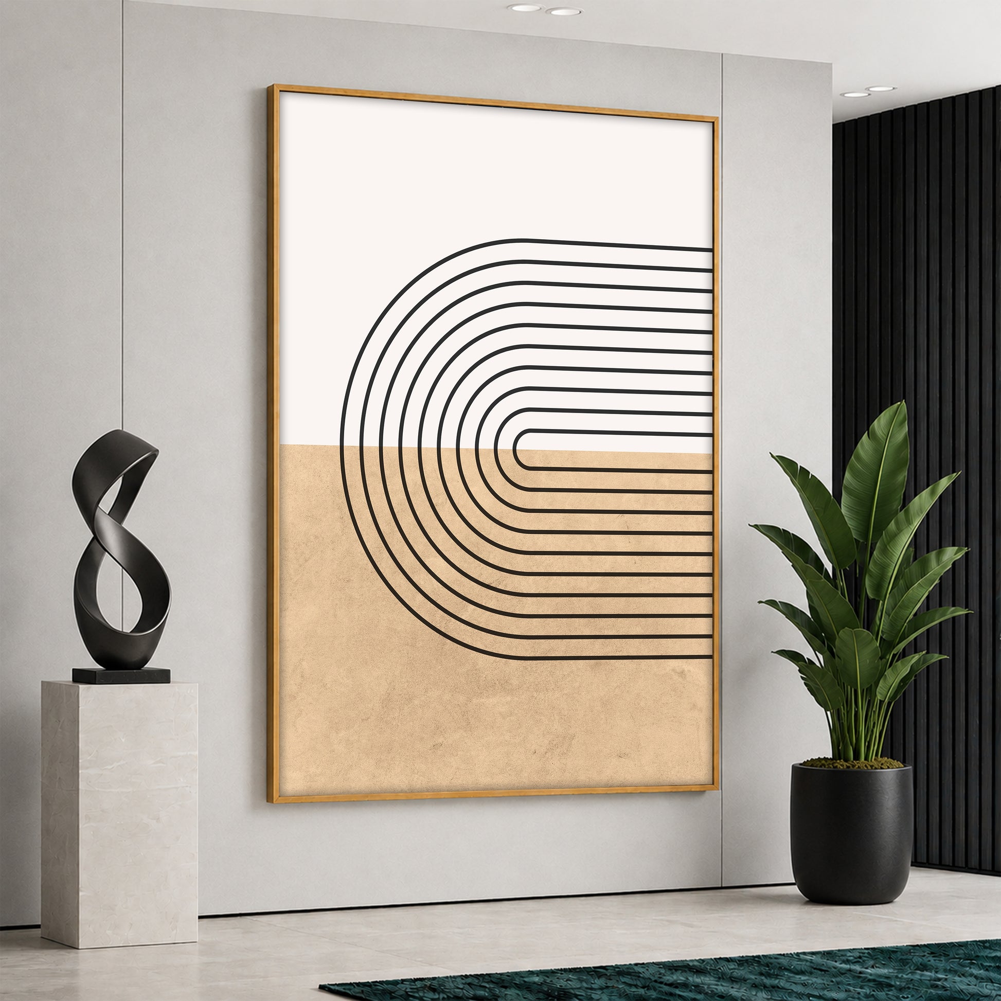 Large vertical canvas print featuring black minimalist geometric arch lines oriented horizontally across a beige and white color block background, displayed in a luxury modern interior.