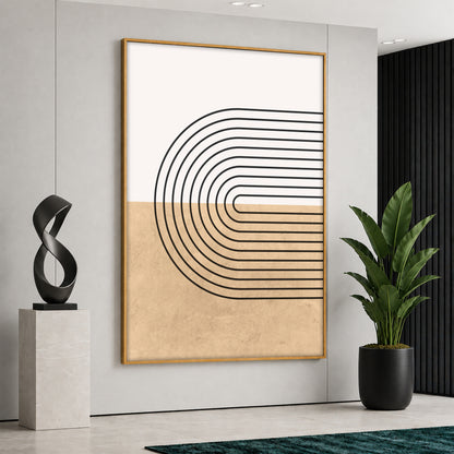 Large vertical canvas print featuring black minimalist geometric arch lines oriented horizontally across a beige and white color block background, displayed in a luxury modern interior.