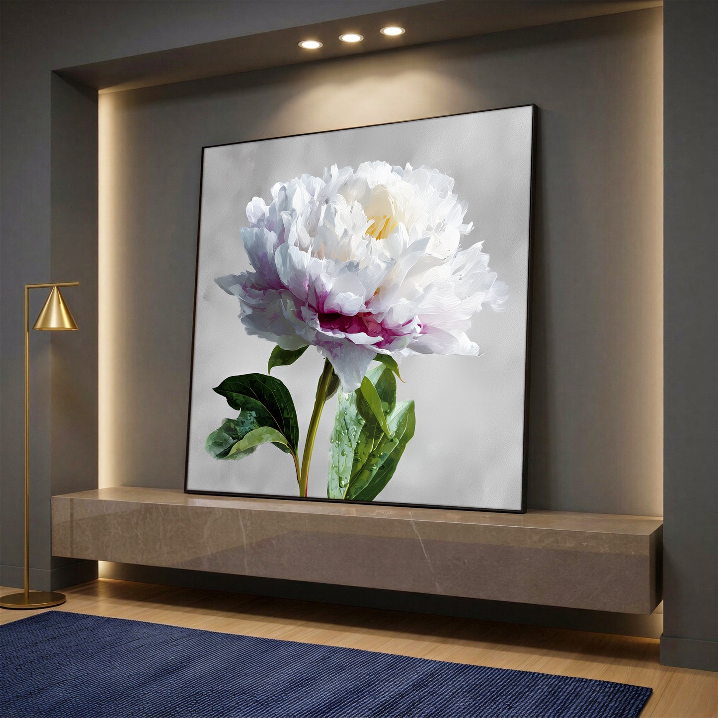 White Peony Flower Canvas Wall Art - Large Square Floral Painting for Living Room