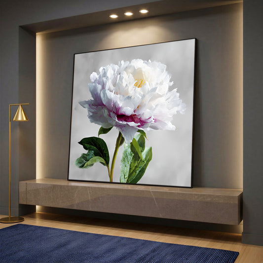 White Peony Flower Canvas Wall Art - Large Square Floral Painting for Living Room