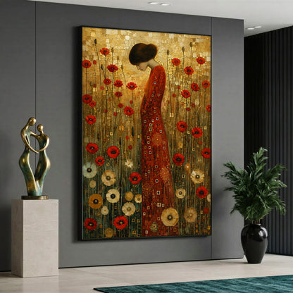A vertical canvas wall art depicting a woman in a patterned red dress standing in a poppy field under a golden mosaic background, displayed on a grey wall.