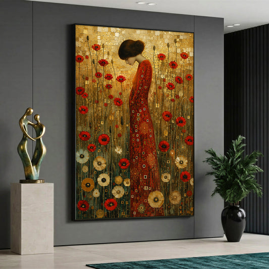 A vertical canvas wall art depicting a woman in a patterned red dress standing in a poppy field under a golden mosaic background, displayed on a grey wall.