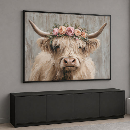 Highland Cow with Floral Crown Canvas Wall Art - Cute Farmhouse Decor