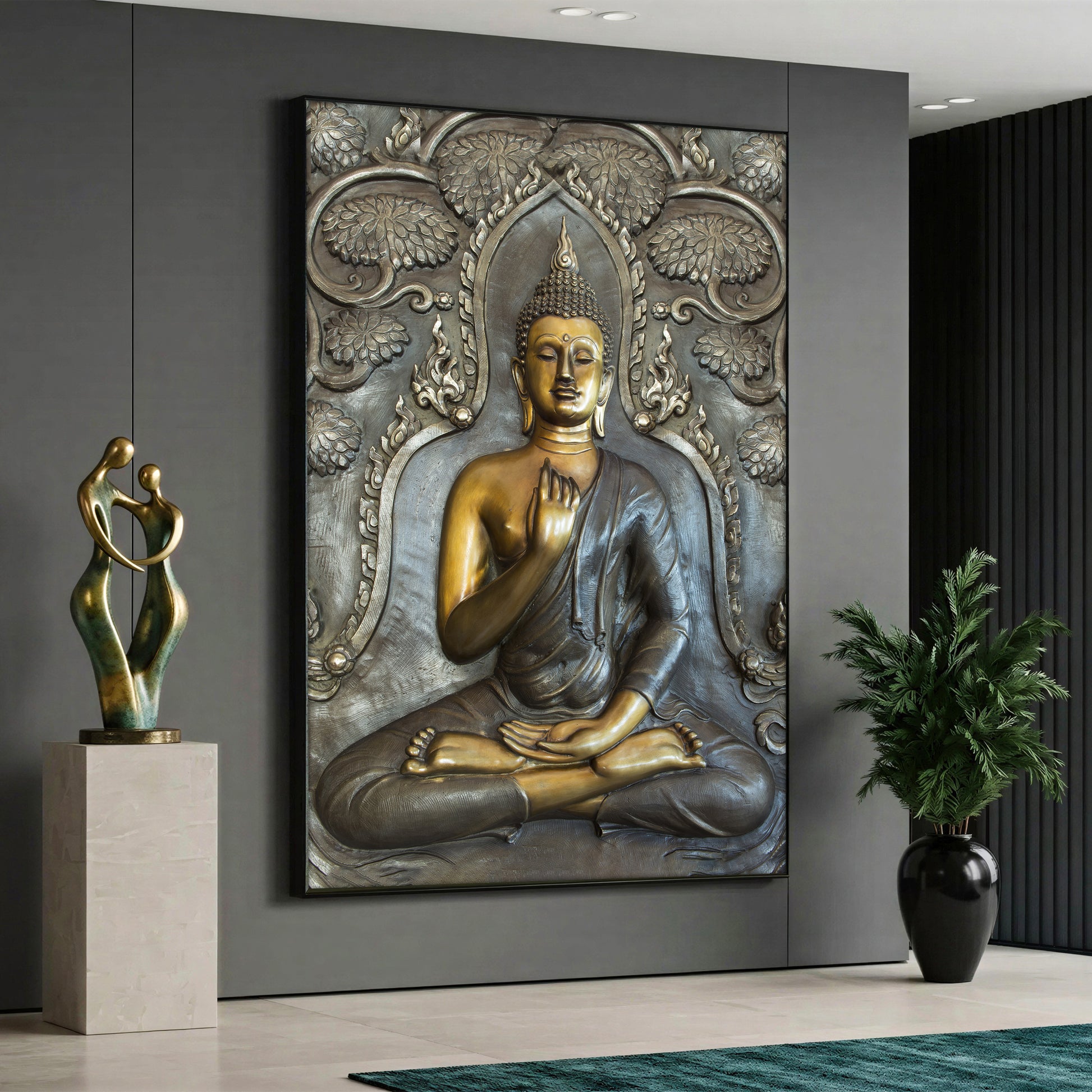 Canvas wall art featuring a bronze statue style meditating Buddha in lotus position with tree motifs