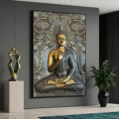 Canvas wall art featuring a bronze statue style meditating Buddha in lotus position with tree motifs