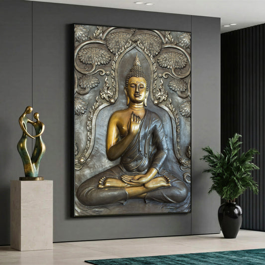 Canvas wall art featuring a bronze statue style meditating Buddha in lotus position with tree motifs