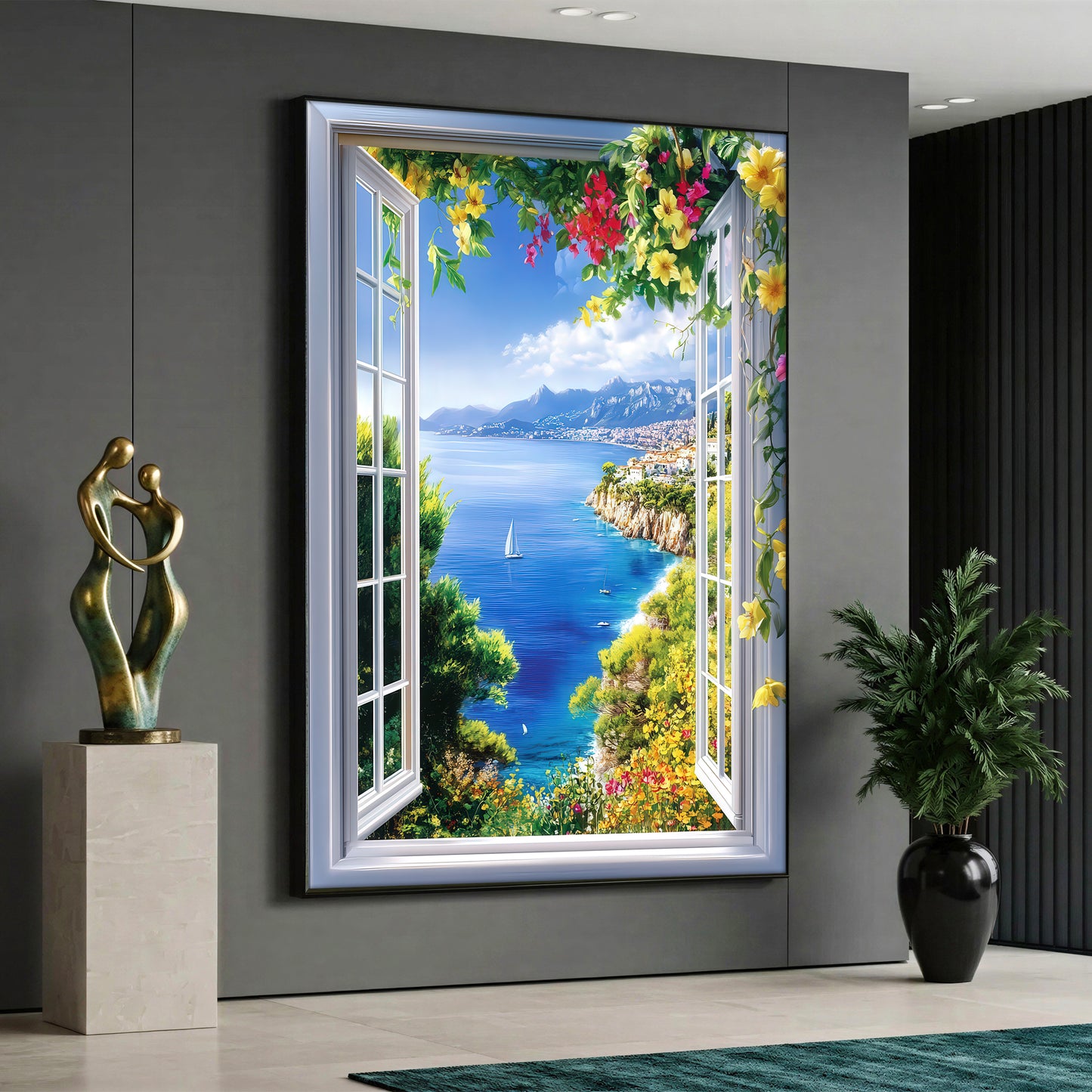 A 3D illusion canvas wall art depicting an open window with a beautiful view of the blue Mediterranean sea, a sailboat, and vibrant blooming flowers, hanging on a modern grey living room wall.