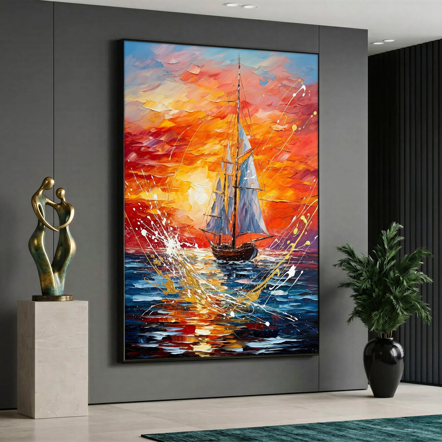 Sunset Sailing Boat Canvas Wall Art - Modern Ocean Landscape Decor