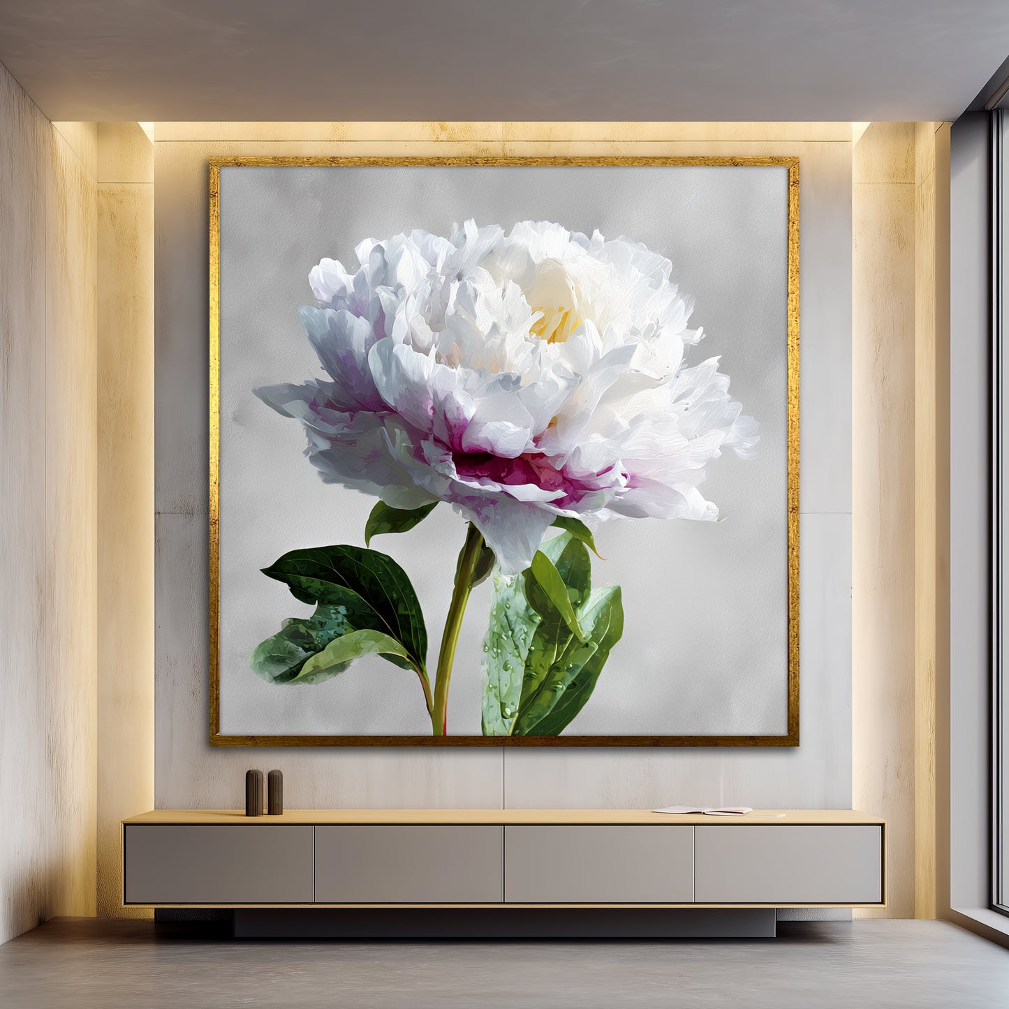 White Peony Flower Canvas Wall Art - Large Square Floral Painting for Living Room