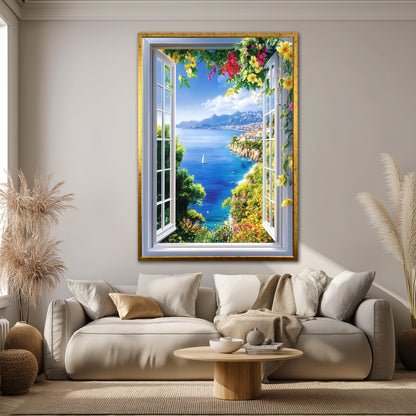 Faux Window View Canvas Wall Art - Mediterranean Sea Landscape Print
