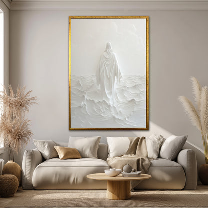 Jesus Walking on Water Canvas Print - White Minimalist Wall Art