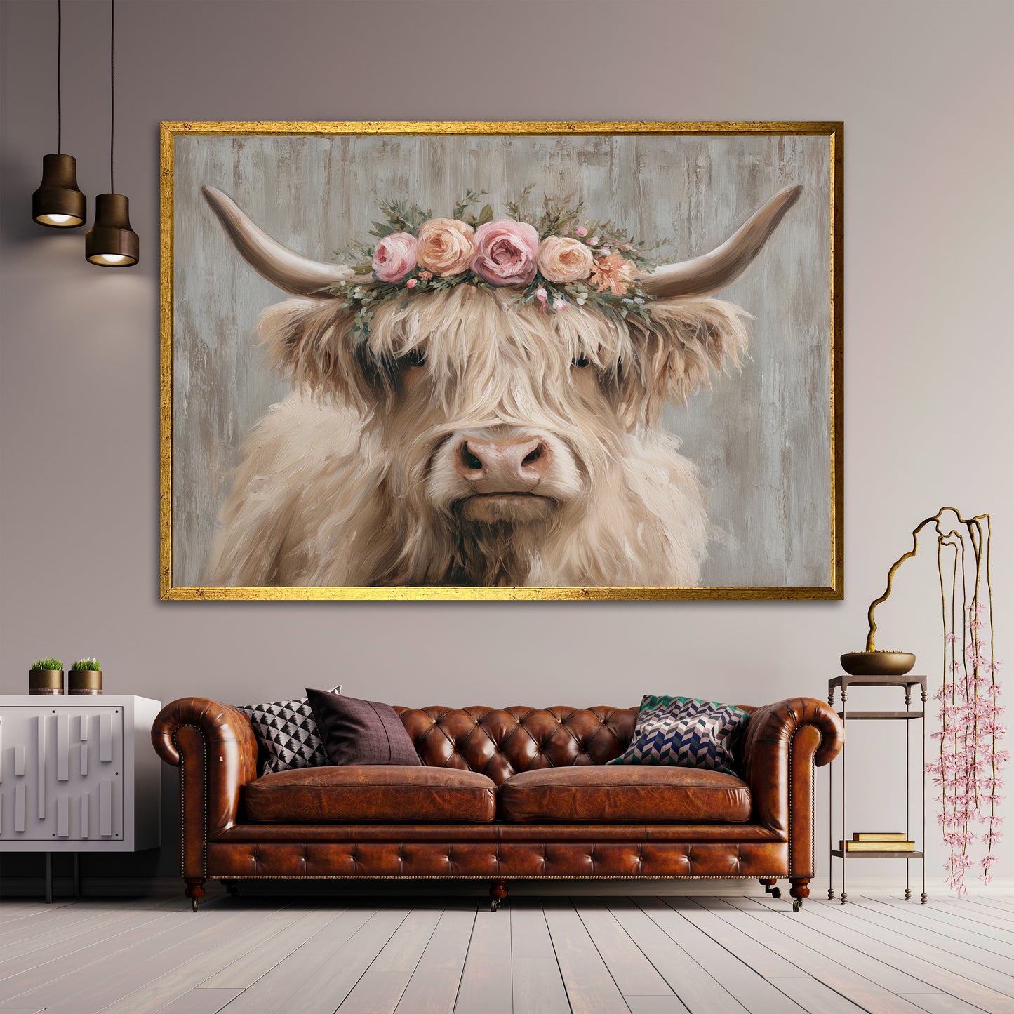 Highland Cow with Floral Crown Canvas Wall Art - Cute Farmhouse Decor