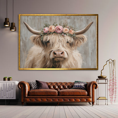 Highland Cow with Floral Crown Canvas Wall Art - Cute Farmhouse Decor