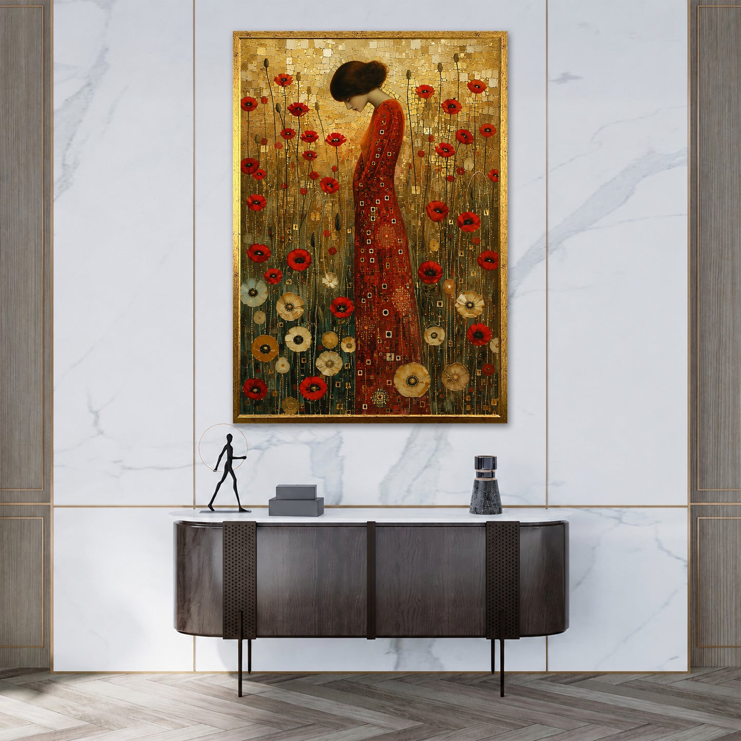 Klimt Red Dress Woman Canvas Art - Luxury Art Deco Style