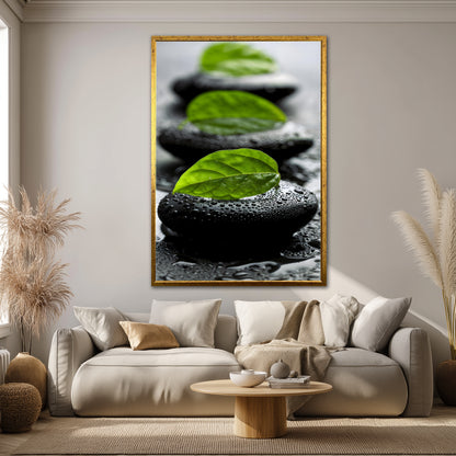 Wet Zen Stones and Green Leaf Wall Art - Spa Meditation Print