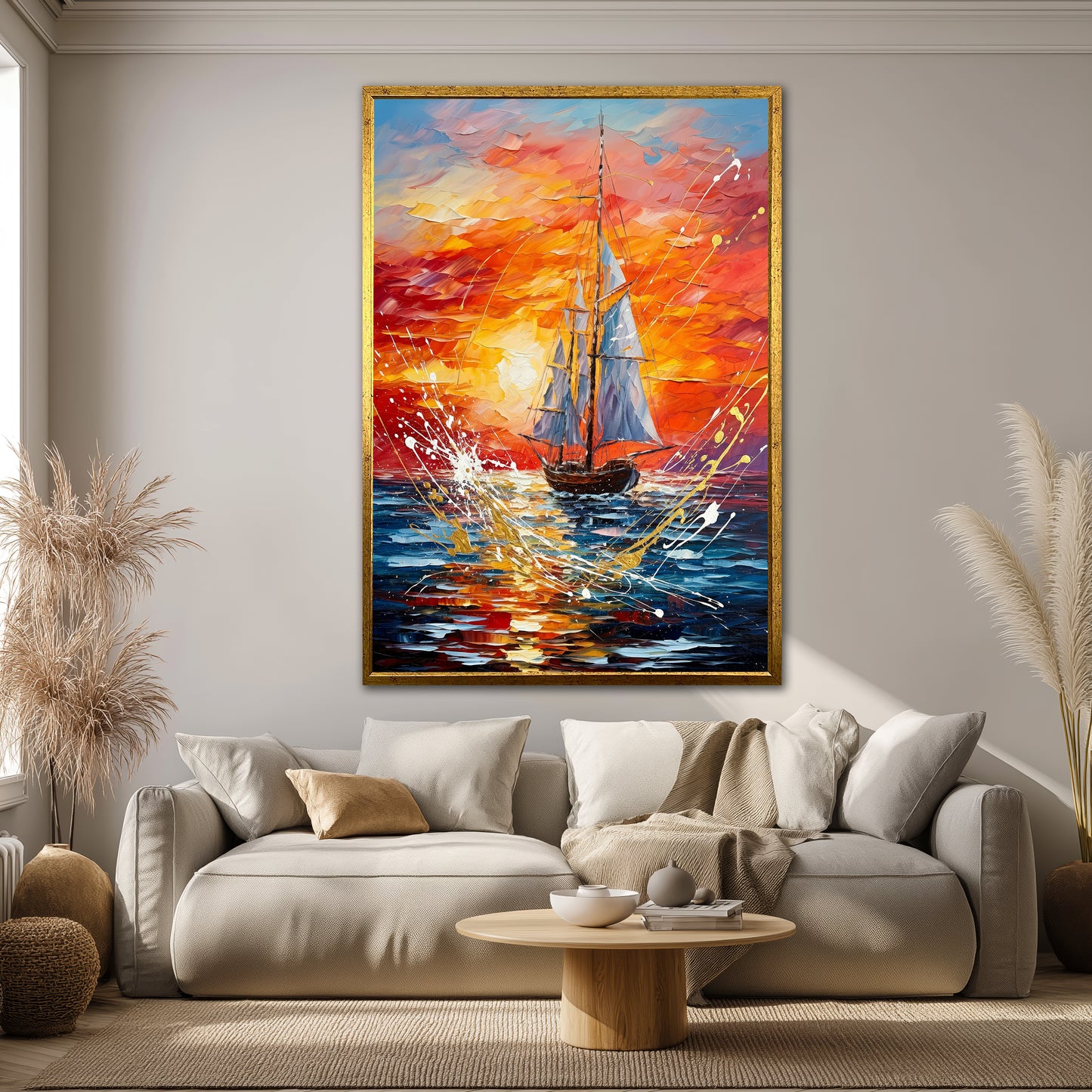 Sunset Sailing Boat Canvas Wall Art - Modern Ocean Landscape Decor