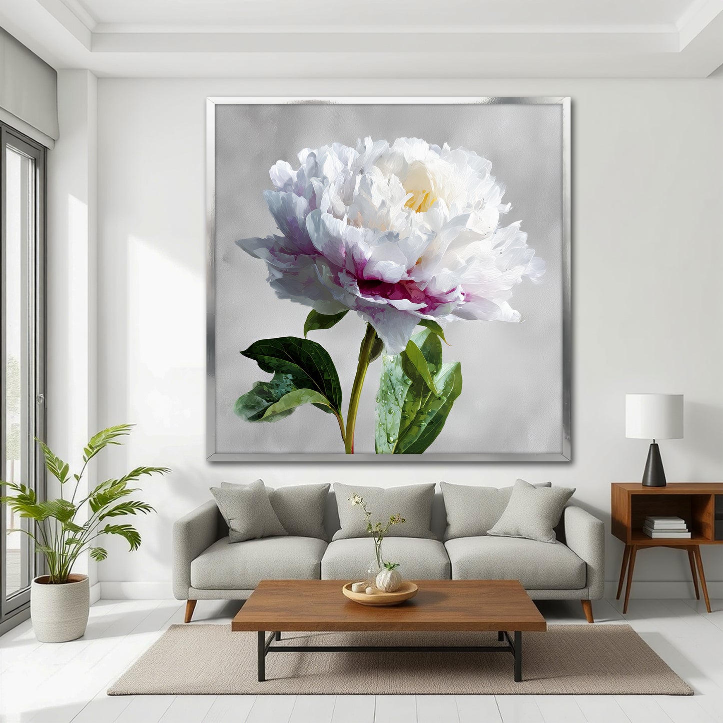 White Peony Flower Canvas Wall Art - Large Square Floral Painting for Living Room