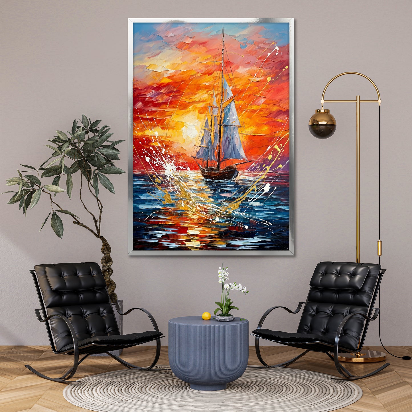 Sunset Sailing Boat Canvas Wall Art - Modern Ocean Landscape Decor