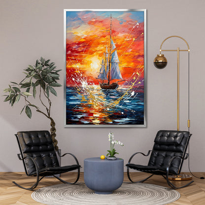 Sunset Sailing Boat Canvas Wall Art - Modern Ocean Landscape Decor