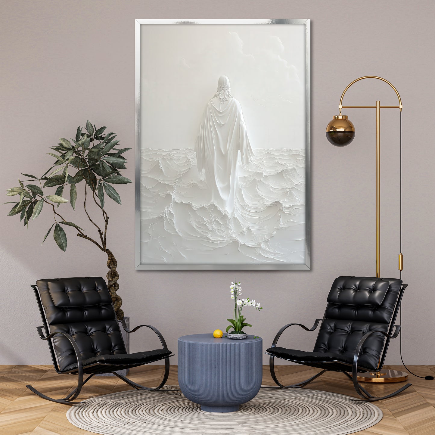 Jesus Walking on Water Canvas Print - White Minimalist Wall Art