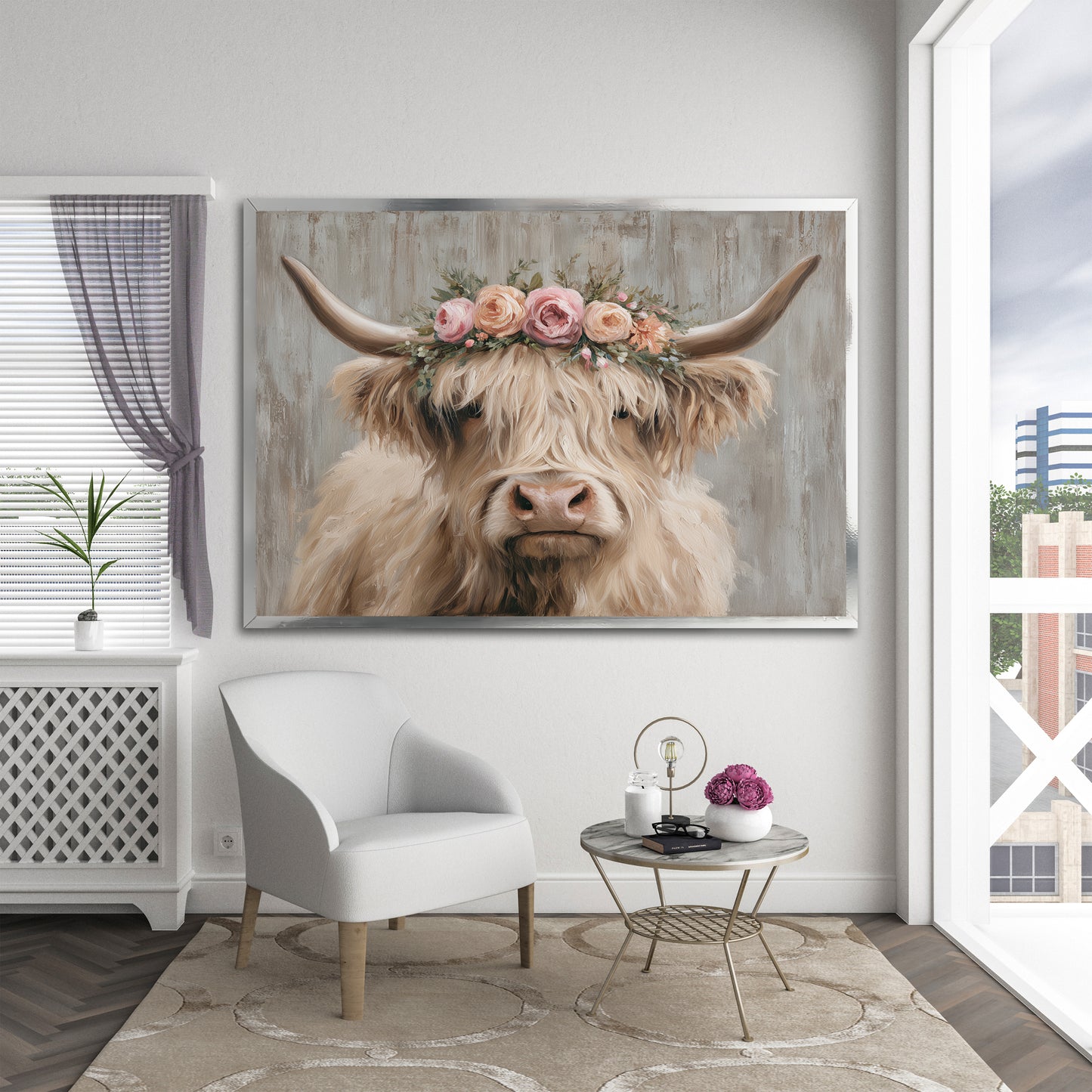 Highland Cow with Floral Crown Canvas Wall Art - Cute Farmhouse Decor