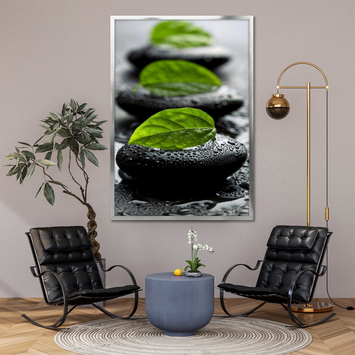 Wet Zen Stones and Green Leaf Wall Art - Spa Meditation Print