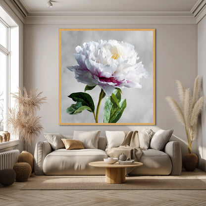 White Peony Flower Canvas Wall Art - Large Square Floral Painting for Living Room
