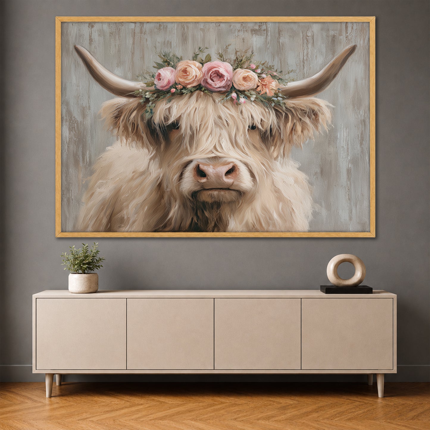 Highland Cow with Floral Crown Canvas Wall Art - Cute Farmhouse Decor