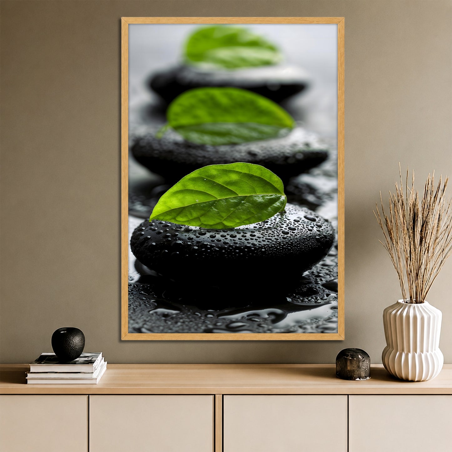 Wet Zen Stones and Green Leaf Wall Art - Spa Meditation Print