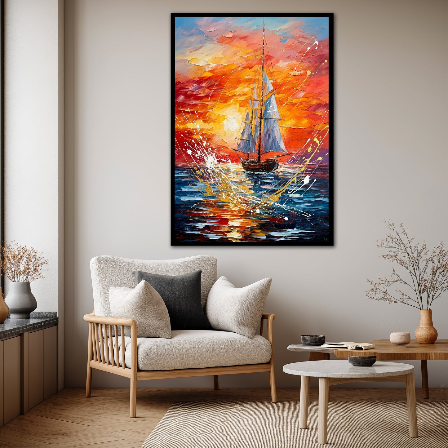 Sunset Sailing Boat Canvas Wall Art - Modern Ocean Landscape Decor