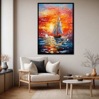Sunset Sailing Boat Canvas Wall Art - Modern Ocean Landscape Decor