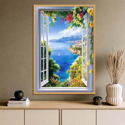 Faux Window View Canvas Wall Art - Mediterranean Sea Landscape Print