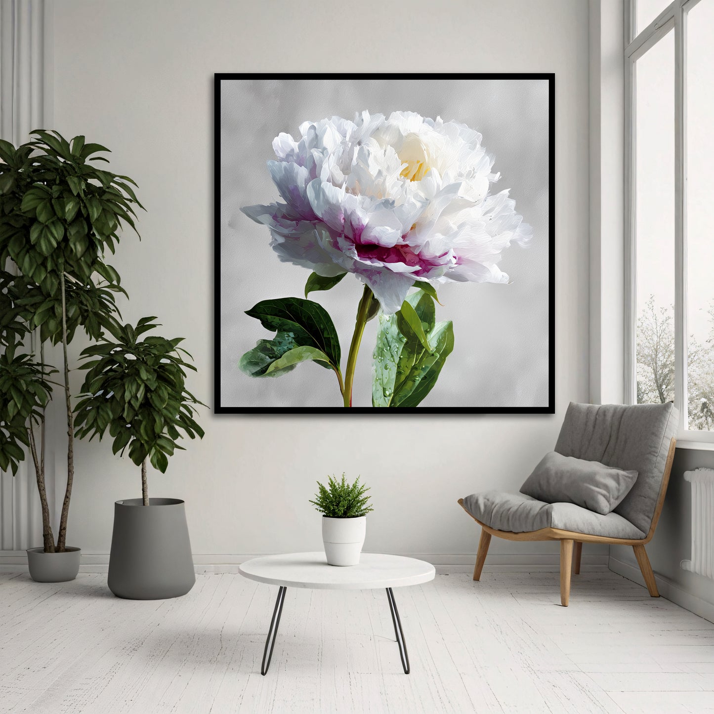 White Peony Flower Canvas Wall Art - Large Square Floral Painting for Living Room