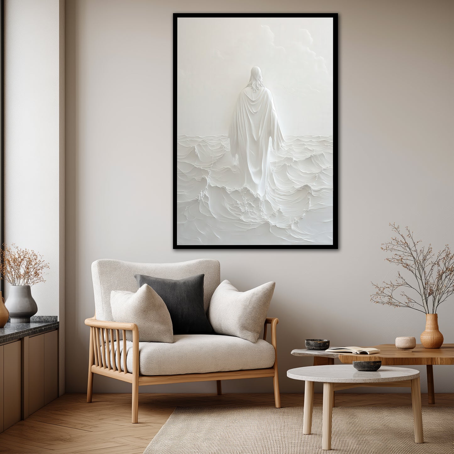 Jesus Walking on Water Canvas Print - White Minimalist Wall Art
