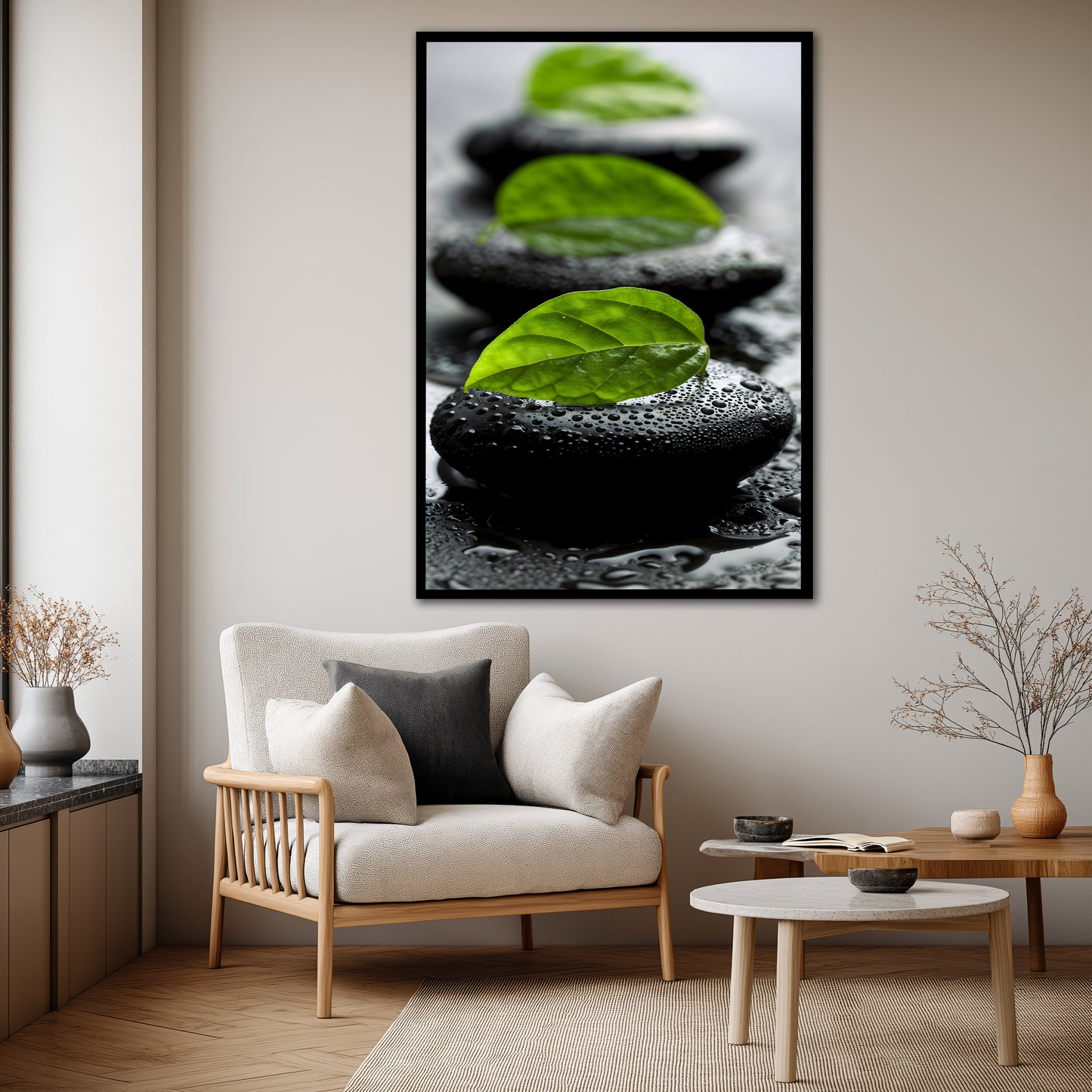 Wet Zen Stones and Green Leaf Wall Art - Spa Meditation Print