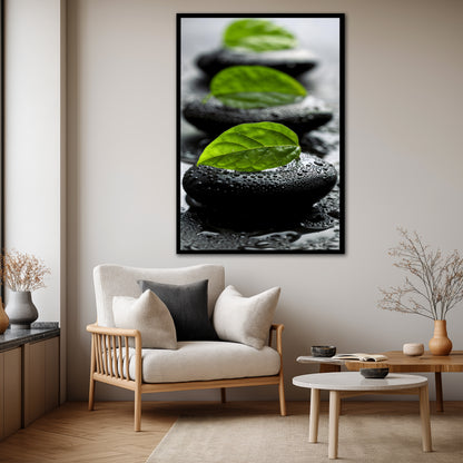 Wet Zen Stones and Green Leaf Wall Art - Spa Meditation Print