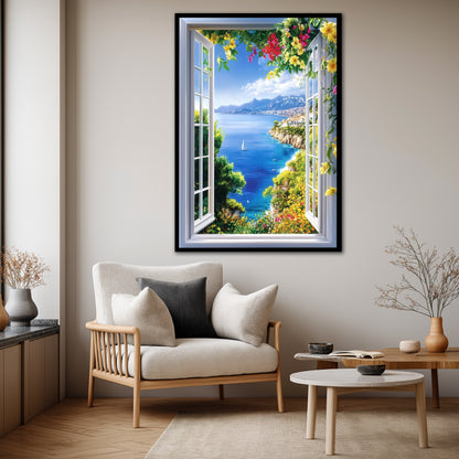 Faux Window View Canvas Wall Art - Mediterranean Sea Landscape Print