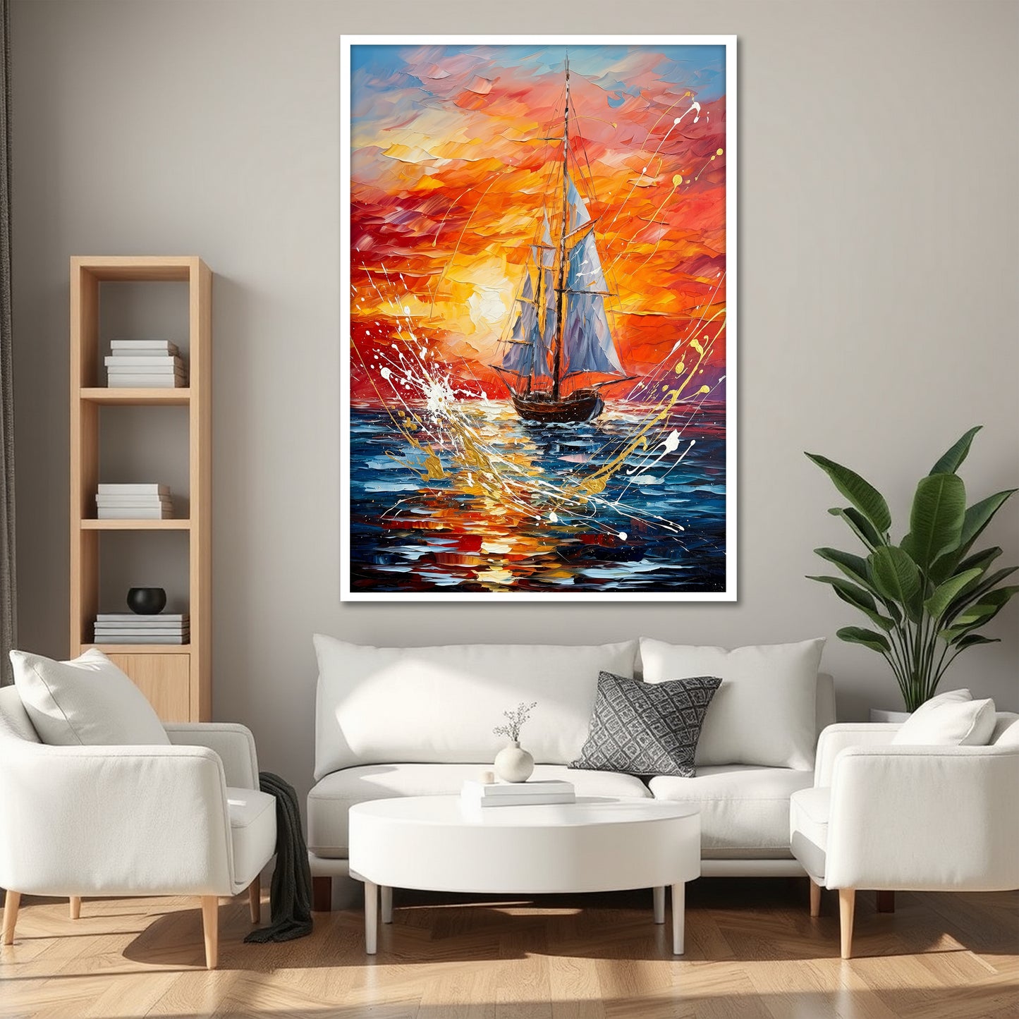 Sunset Sailing Boat Canvas Wall Art - Modern Ocean Landscape Decor