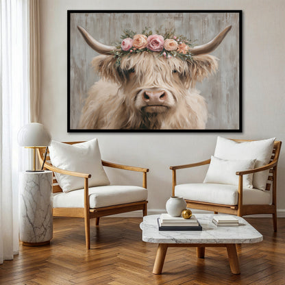 Highland Cow with Floral Crown Canvas Wall Art - Cute Farmhouse Decor