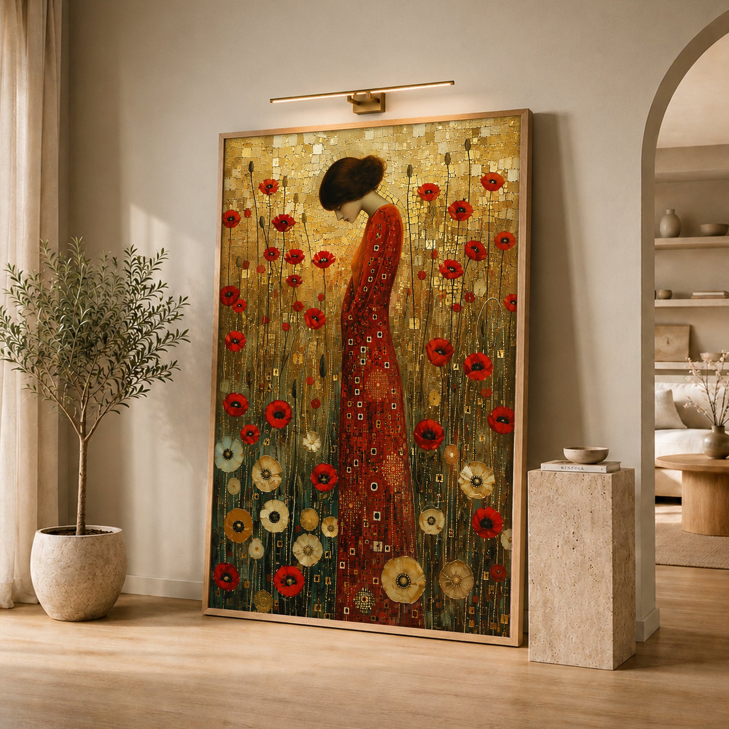Klimt Red Dress Woman Canvas Art - Luxury Art Deco Style